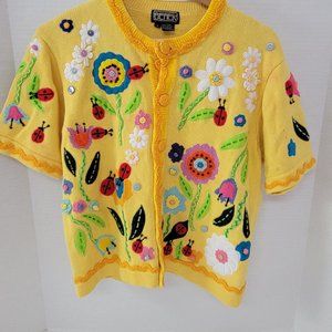 Berek by Takako Sakon Vintage Knit Yellow Crochet Garden Lady Bug Flower Top L